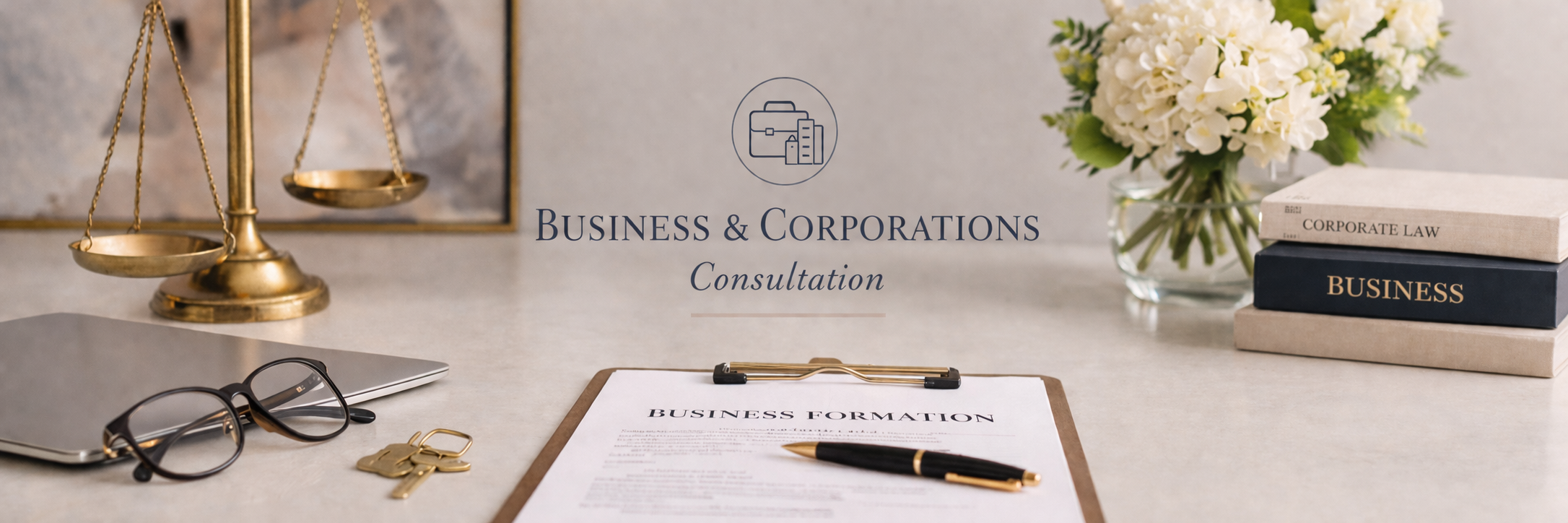 Business & Corporations Consultation — business formation paperwork and corporate law books