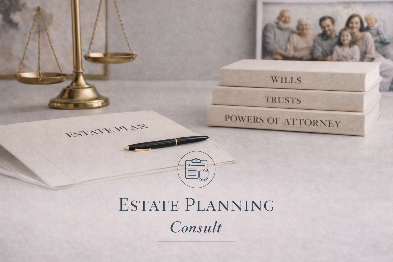 Estate Planning Consult — estate plan, scales of justice, and family photo