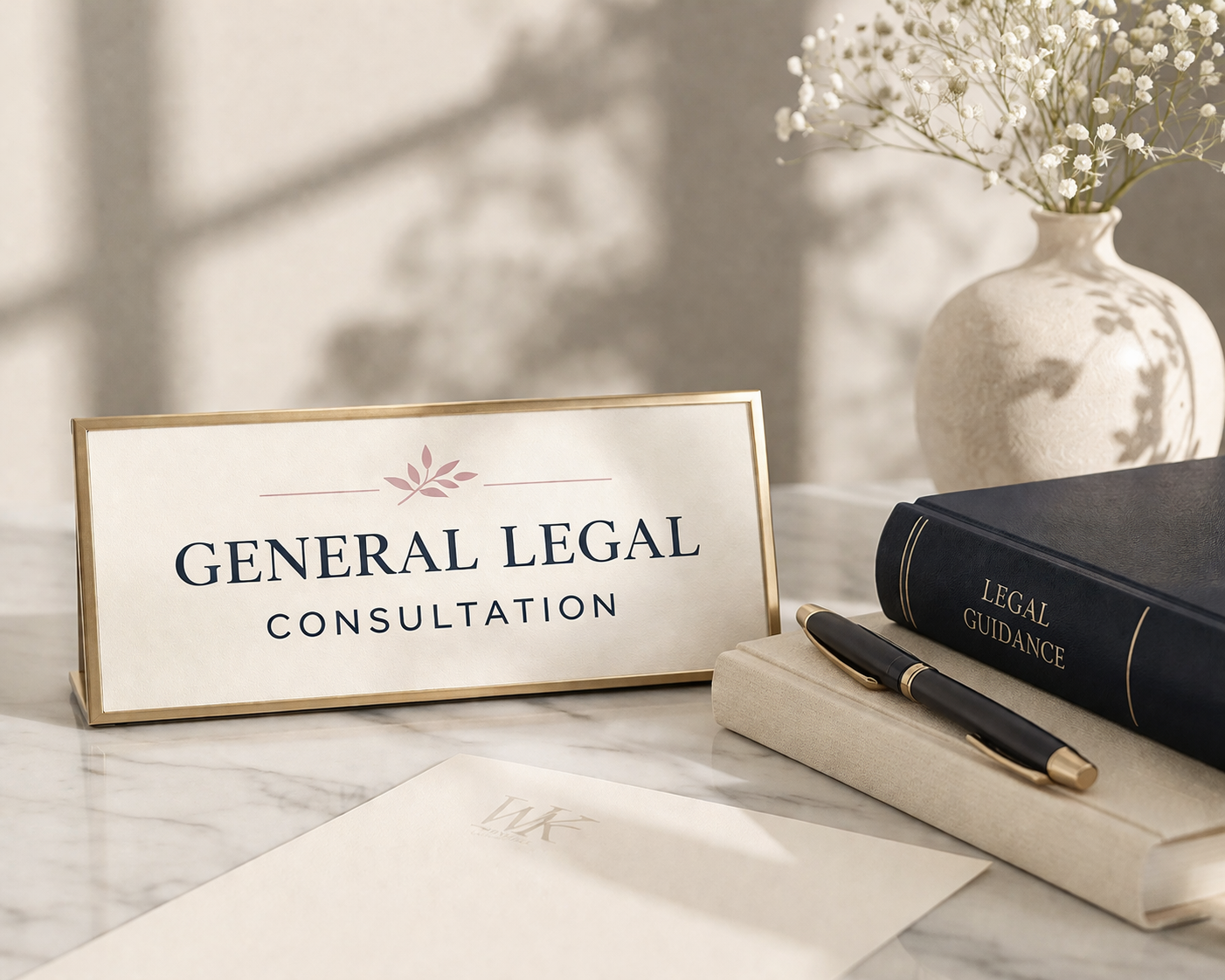 General Legal Consultation — gold-framed nameplate beside legal guidance books