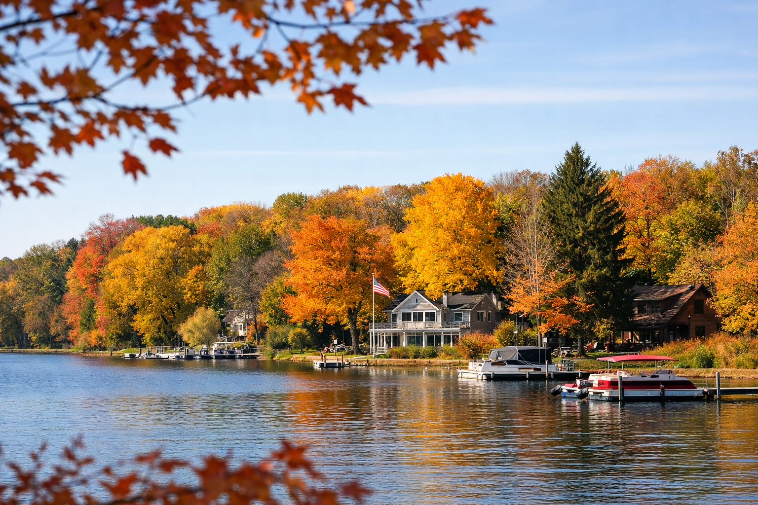 Michigan lakefront home framed by autumn maple leaves